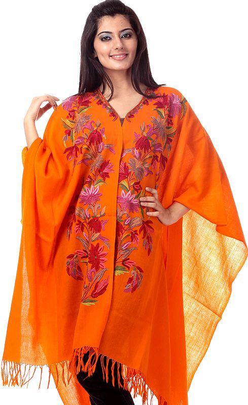 Orange Cape with Floral Aari Embroidery by Hand