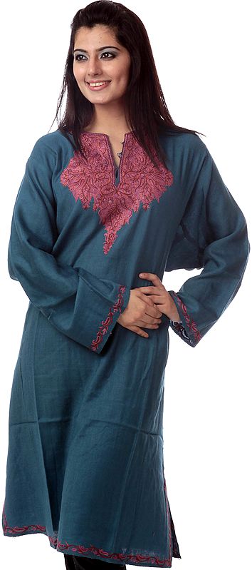 Indian-Teal Kashmiri Phiran with Hand-Embroidery on Neck