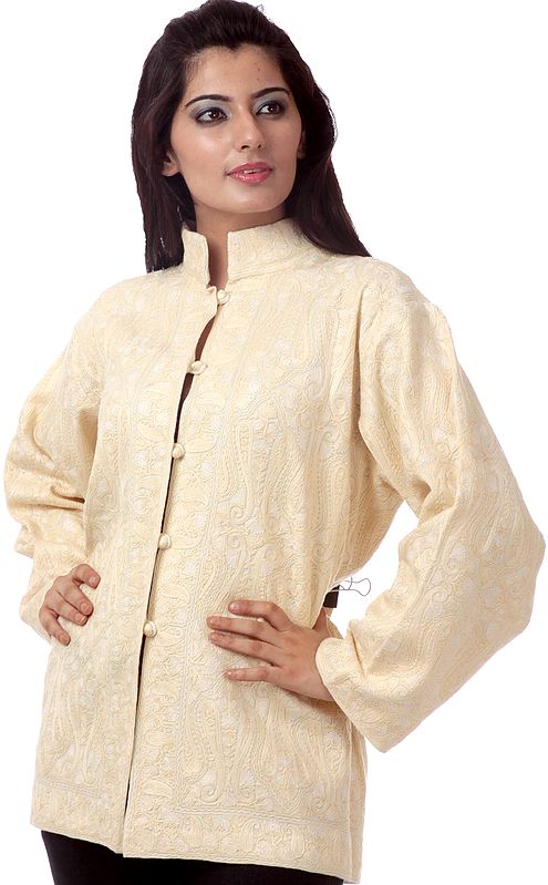 Cream Kashmiri Jacket with Self-Colored Embroidery