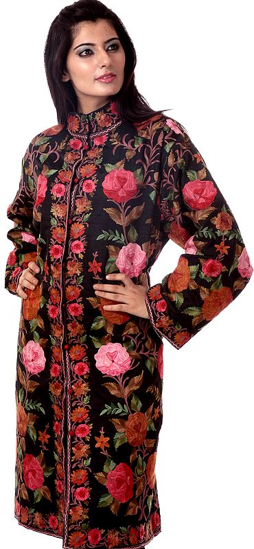 Black Long Kashmiri Jacket with Large Embroidered Flowers