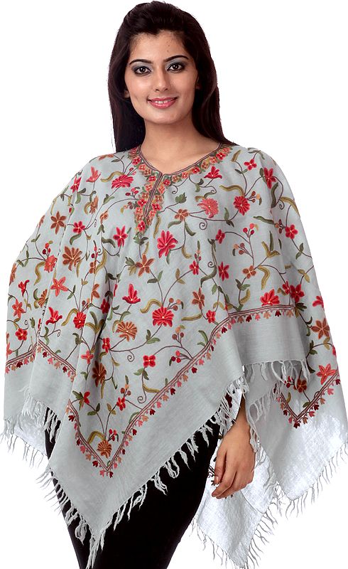 Gray Floral Poncho with Crewel Hand-Embroidery All-Over