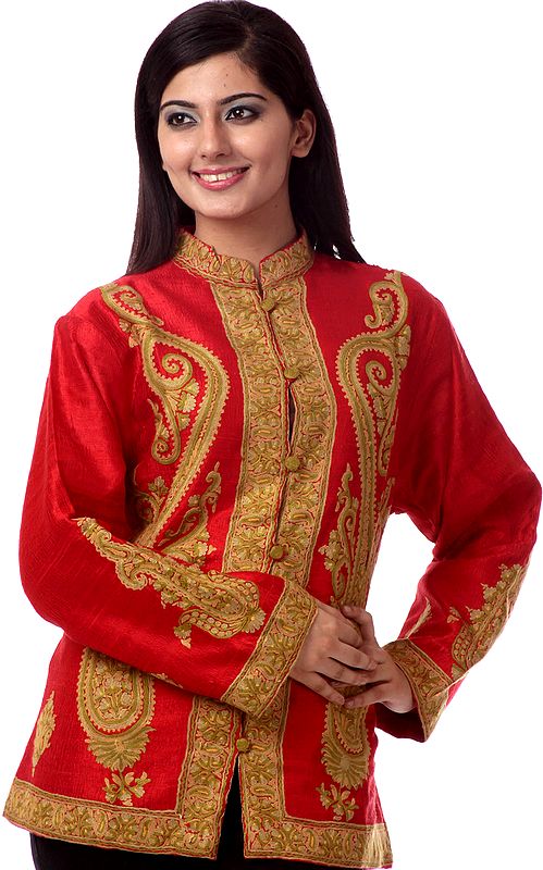 Bittersweet-Red Jacket from Kashmir with Stylized Paisleys Embroidered by Hand