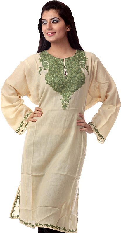 Beige Kashmiri Phiran with Hand-Embroidery on Neck