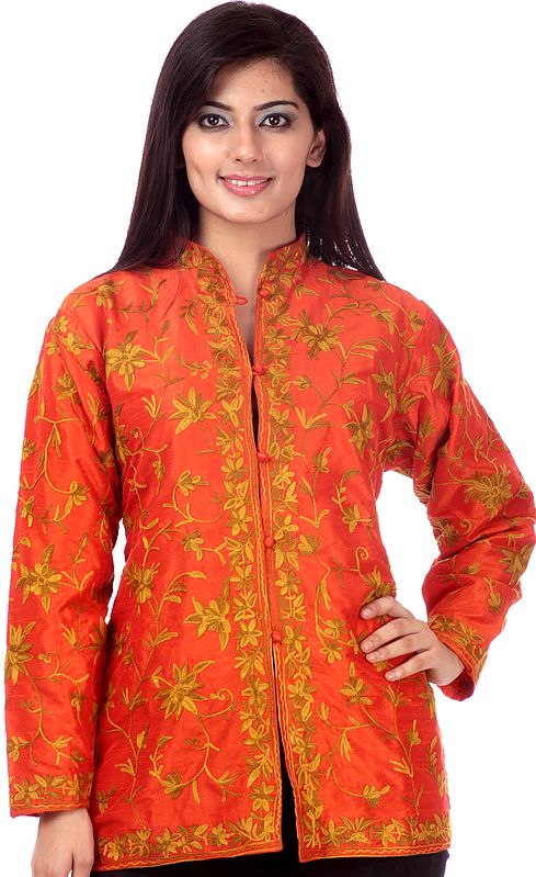 Grenadine-Red Jacket from Kashmir with Aari Embroidered Flowers All-Over