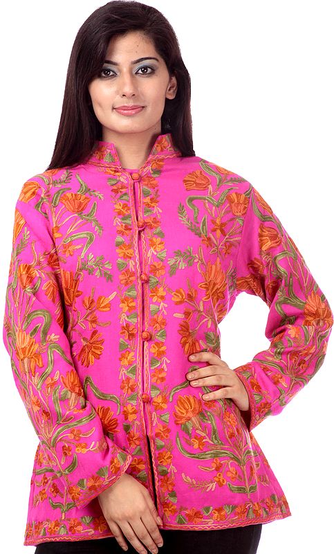 Hot-Pink Kashmiri Jacket Embroidered Flowers All-Over