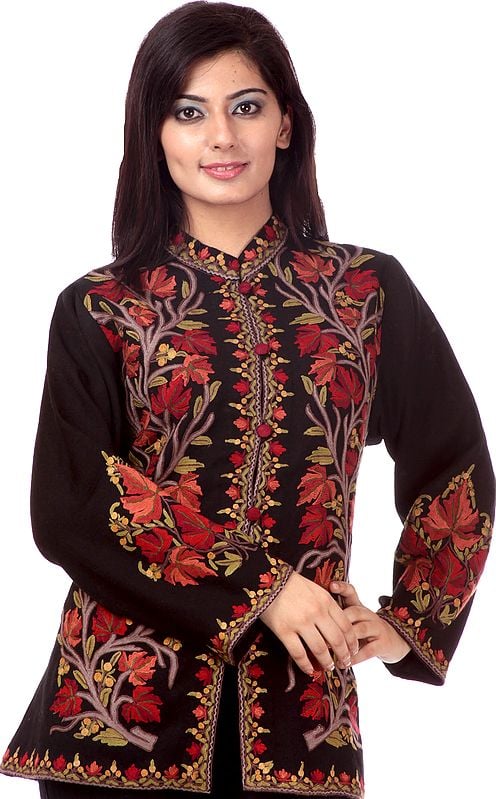 Black Kashmiri Jacket with Hand-Embroidered Tree of Life