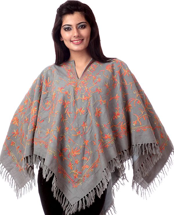 Gray Poncho with Aari Embroidery All-Over