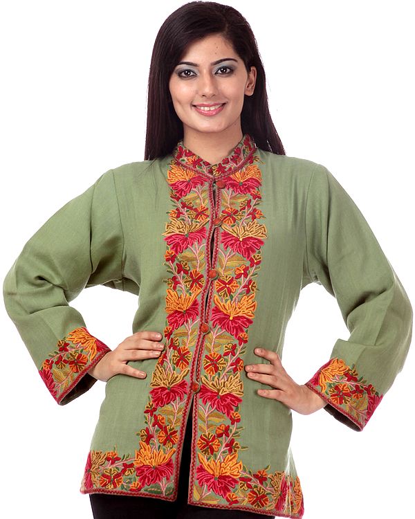 Shale-Green Kashmiri Jacket with Hand-Embroidered Flowers on Borders