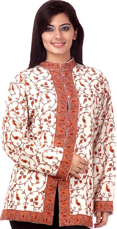 Ivory Kashmiri Jacket with Hand-Embroidered Paisleys All-Over