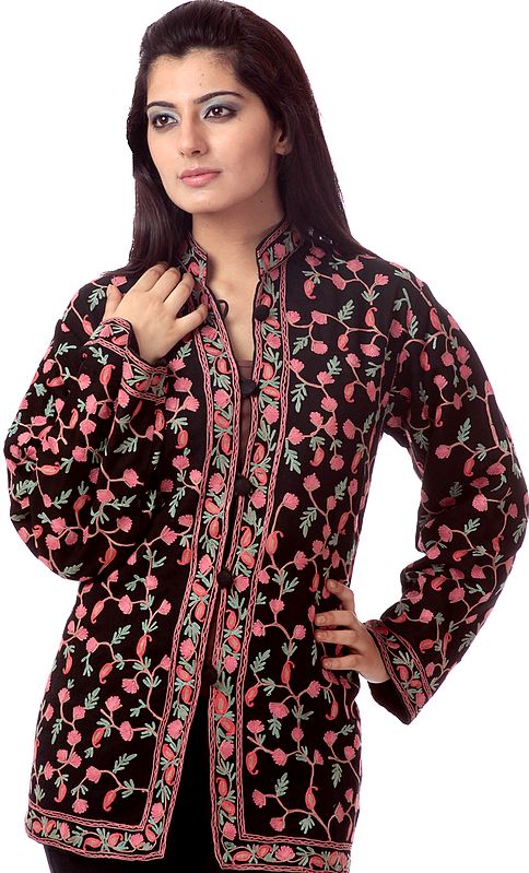 Black Kashmiri Jacket Embroidered Paisleys All-Over