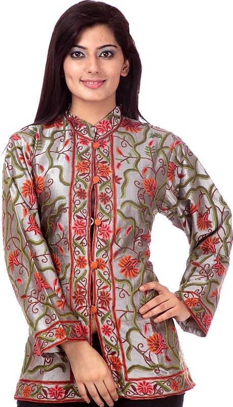 Metallic-Gray Jacket from Kashmir with All-Over Embroidered Flowers by Hand