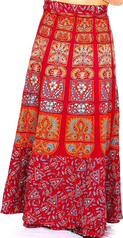 Cordovan Sanganeri Wrap-Around Long Skirt with Printed Motifs