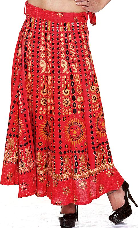 Red Sanganeri Wrap-Around Skirt from Jaipur with Printed Sun and Moon