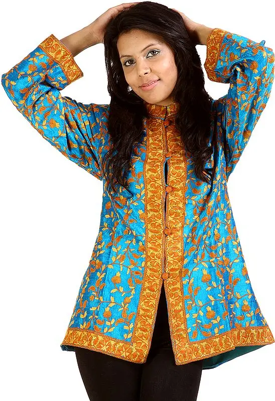 Azure and Golden Jacket with Aari Embroidery by Hand