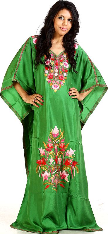 Mint Green Kashmiri Kaftan with Embroidered Flowers