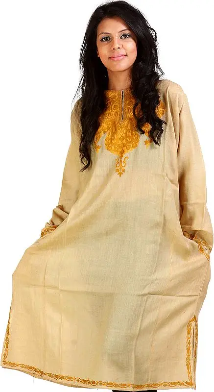 Khaki Kashmiri Phiran with Hand-Embroidery on Neck