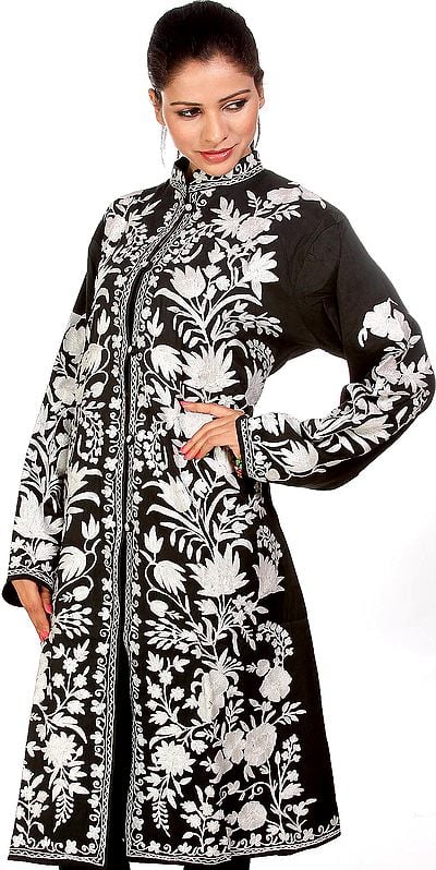 Black Long Kashmiri Jacket with Aari Embroidery in White Thread