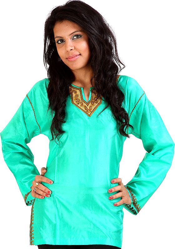 Aqua-Green Kurti from Kashmir with Hand-Embroidery on Neck