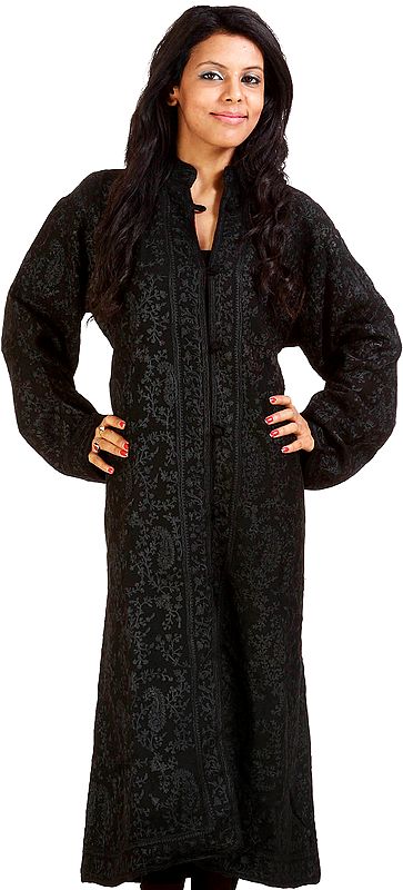 Black Long Kashmiri Jacket with All Over Embroidery in Self Color