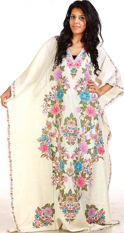 Cream Kaftan with Floral Kashmir Embroidery