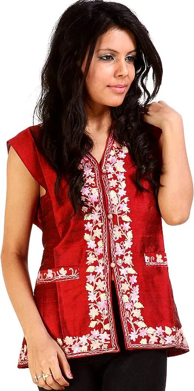 Crimson Waistcoat with Aari Embroidery on Button Palette