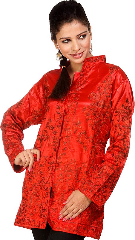 Scarlet Jacket from Kashmir with All Over Paisleys and Flowers