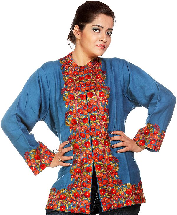 Regatta Blue Kashmiri Jacket with Aari Embroidery by Hand