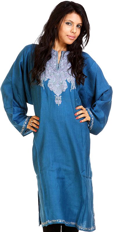 Azure-Blue Phiran with Embroidery on Neck