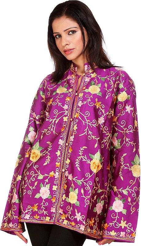 Hyacinth Violet Jacket from Kashmir with All Over Floral Embroidery