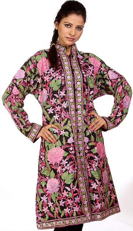 Black Kashmiri Jacket with Floral Embroidery All-Over