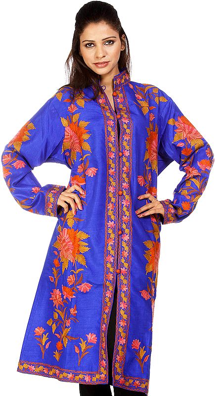 Turkish Sea Blue Jacket from Kashmir with Crewel Embroidered Flowers