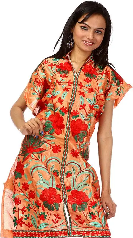 Ochre Phulkari Kurti from Punjab with Crewel Embroidery