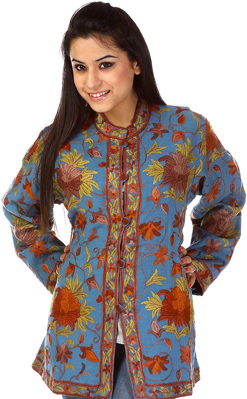 Riviera-Blue Kashmiri Tusha Jacket with Ari Embroidery by Hand