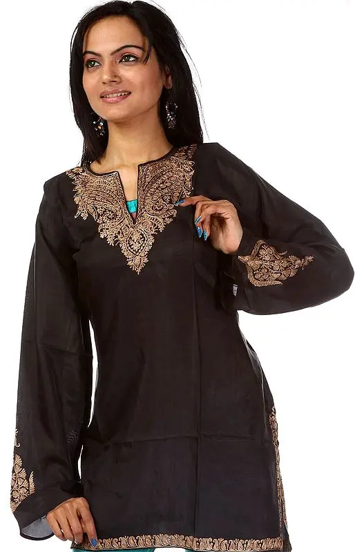 Black Kashmiri Kurti with Embroidery on Neck