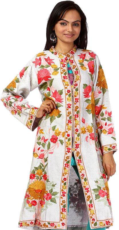 Gray Long Jacket from Kashmir with All-Over Floral Embroidery