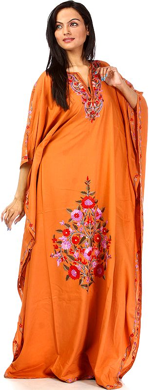 Apricot-Orange Kashmiri Kaftan with Hand-Embroidered Flowers