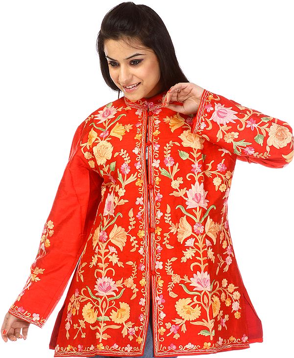 Scarlet Kashmiri Jacket with All-Over Embroidered Flowers