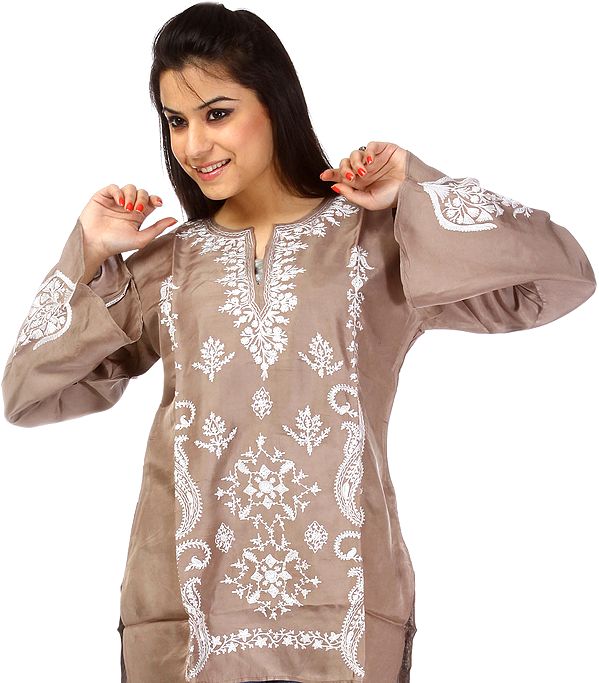 Stucco-Brown Kashmiri Kurti with Embroidery in White Thread