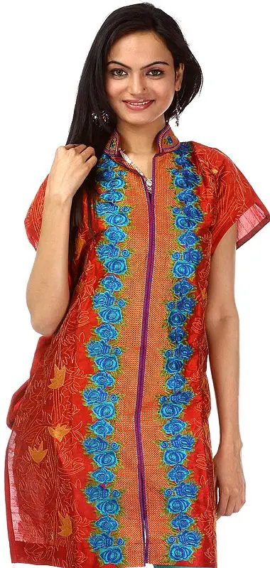 Red Punjabi Phulkari Kurti with Crewel Embroidered Flowers