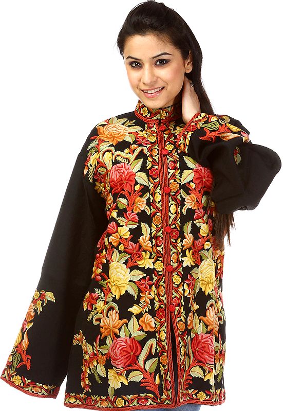 Black Kashmiri Jacket with Large Flowers Embroidered by Hand