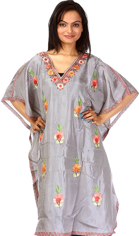 Neutral-Gray Short Kashmiri Kaftan with Embroidered Flowers