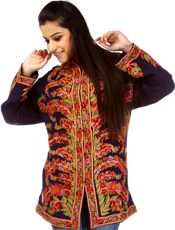 Densely Hand-Embroidered Navy-Blue Jacket from Kashmir