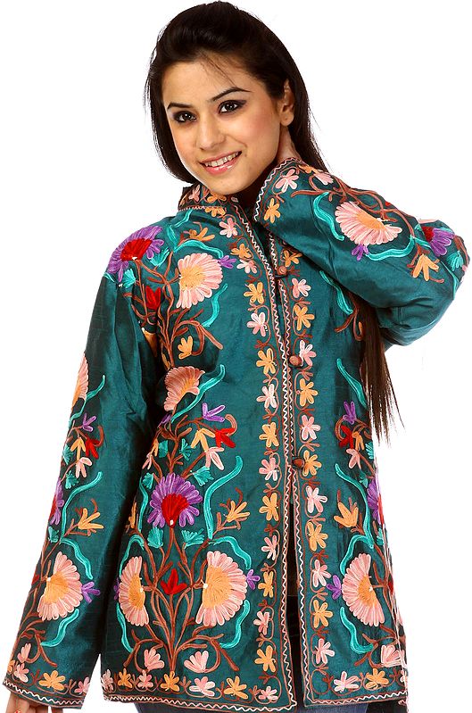 Ocean-Depths Green Jacket from Kashmir with All-Over Aari Embroidery