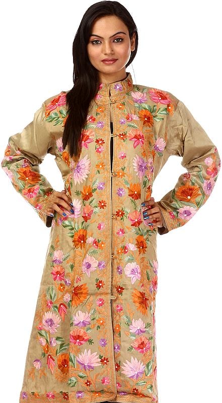 Nomad-Beige Kashmiri Jacket with All-Over Floral Embroidery