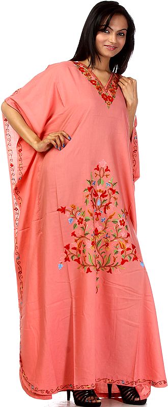Chateau-Rose Kaftan with Hand-Embroidered Flowers