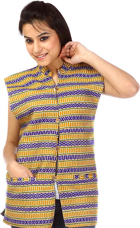 Mustard and Blue Waistcoat from Kutch with All-Over Wave