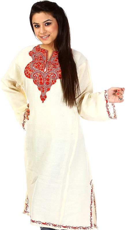 Ivory Kashmiri Phiran with Aari Embroidery on Neck