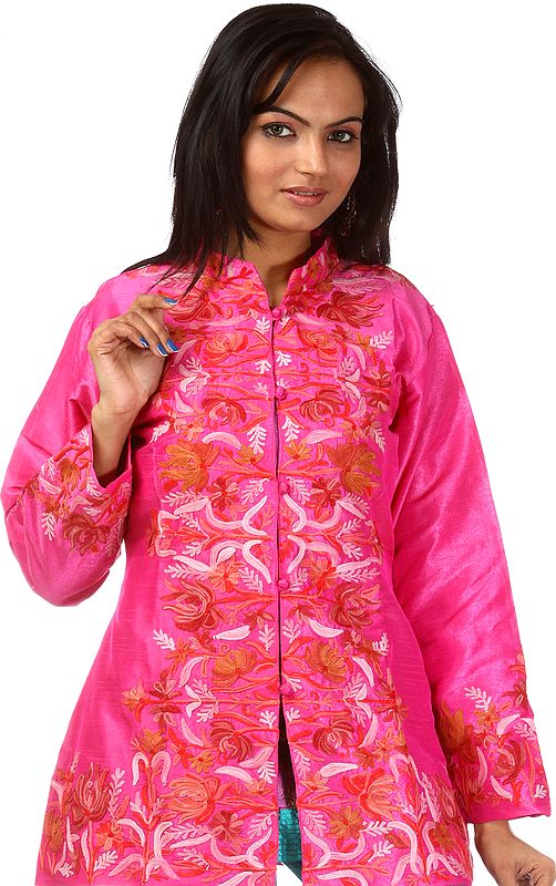 Hot-Pink Kashmiri Jacket with Floral Embroidery