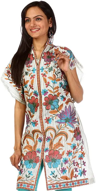 Beige Phulkari Kurti with Crewel Embroidered Flowers