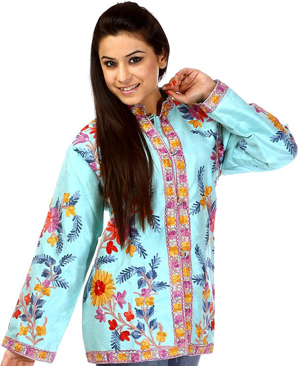 Dusty-Turquoise Jacket from Kashmir with Floral Embroidery